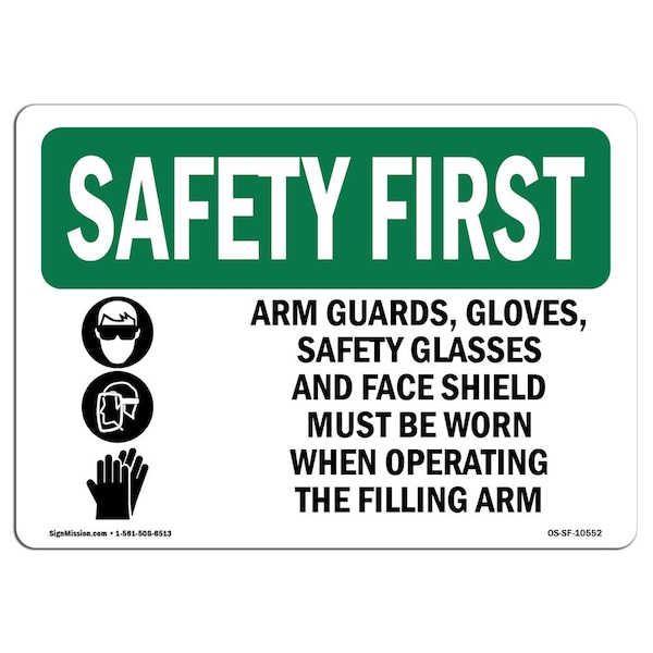 OSHA Sign, Arm Guards Gloves Glasses W/ Symbol, 18in X 12in Aluminum, 18" W, 12" H, Landscape